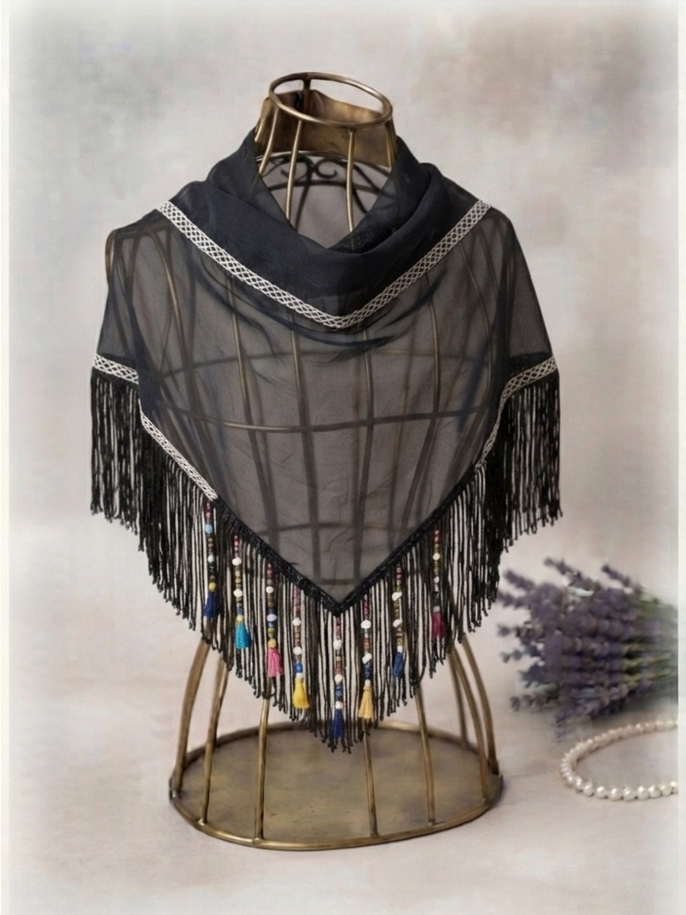 Boho Chic Black Chiffon Scarf with Colorful Beaded Tassel Fringe